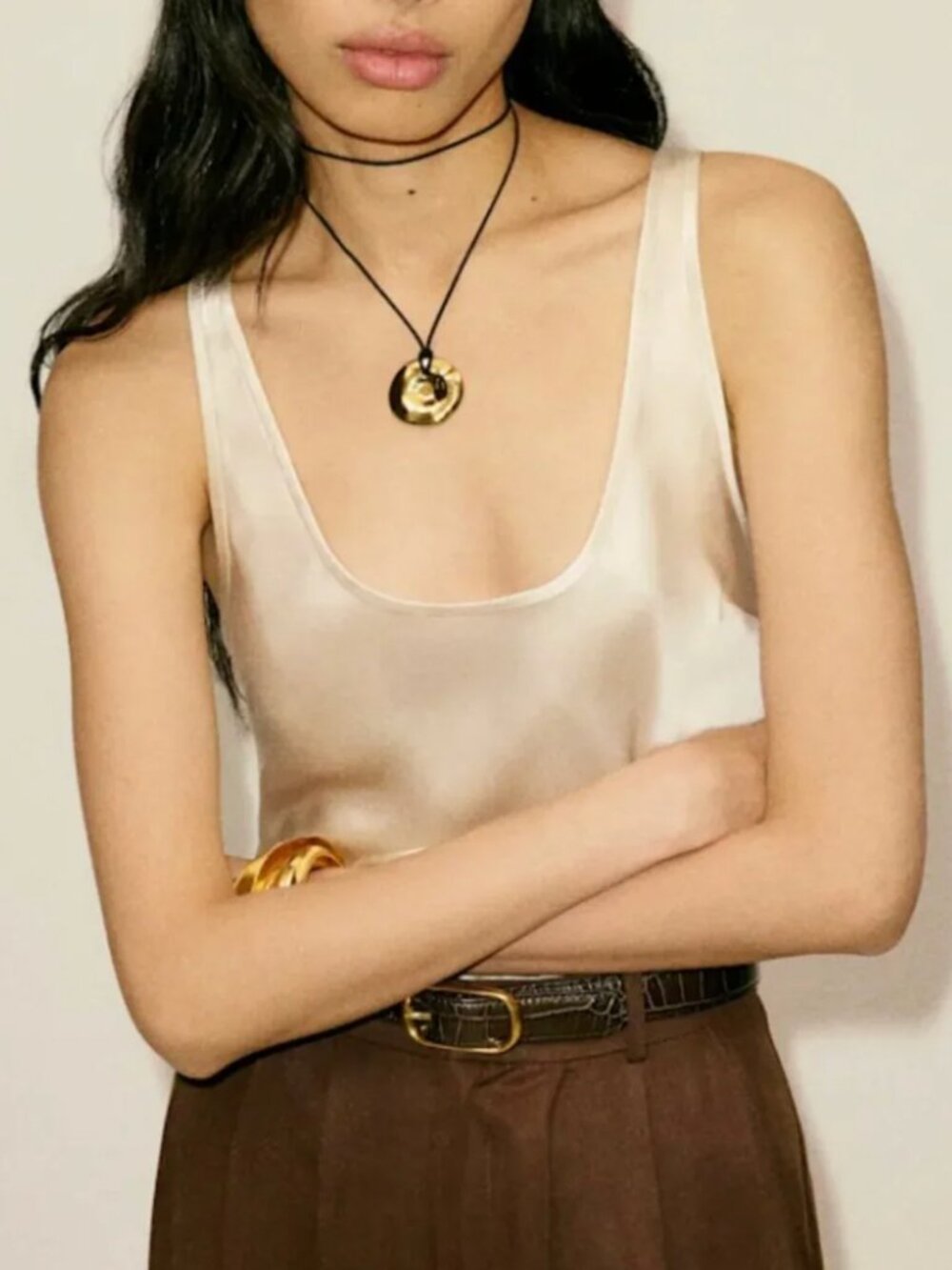 Reformation Satin Scoop-Neck Tank in Champagne